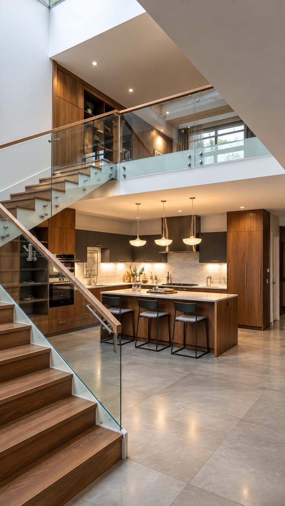 Duplex home interior with a statement staircase and double-height accent wall