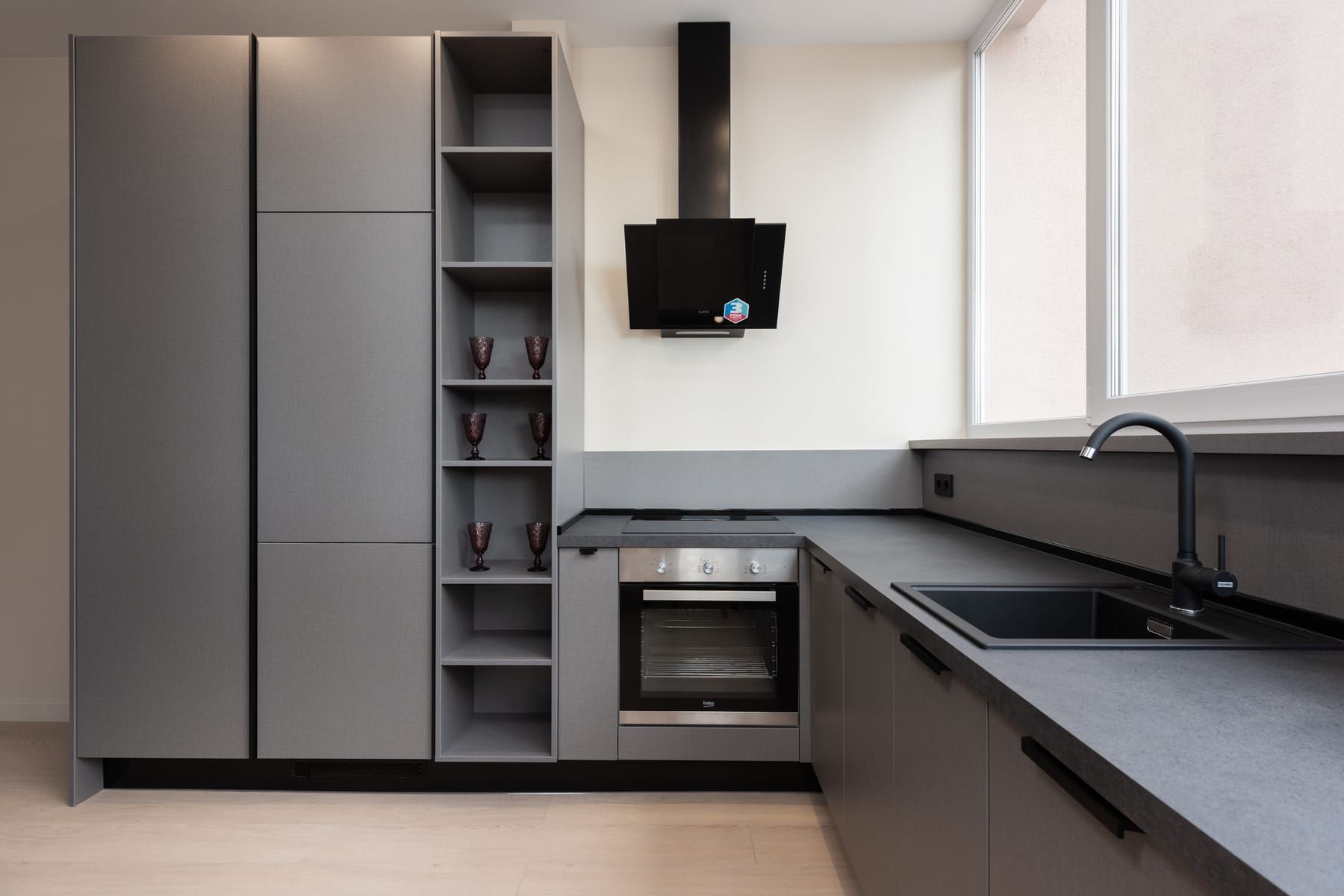 Modular kitchen with full-height cabinets and deep drawers
