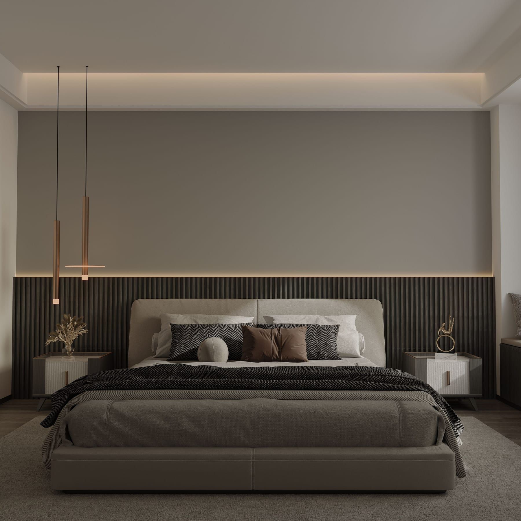 Master bedroom with layered lighting, rich textures and rounded furniture forms