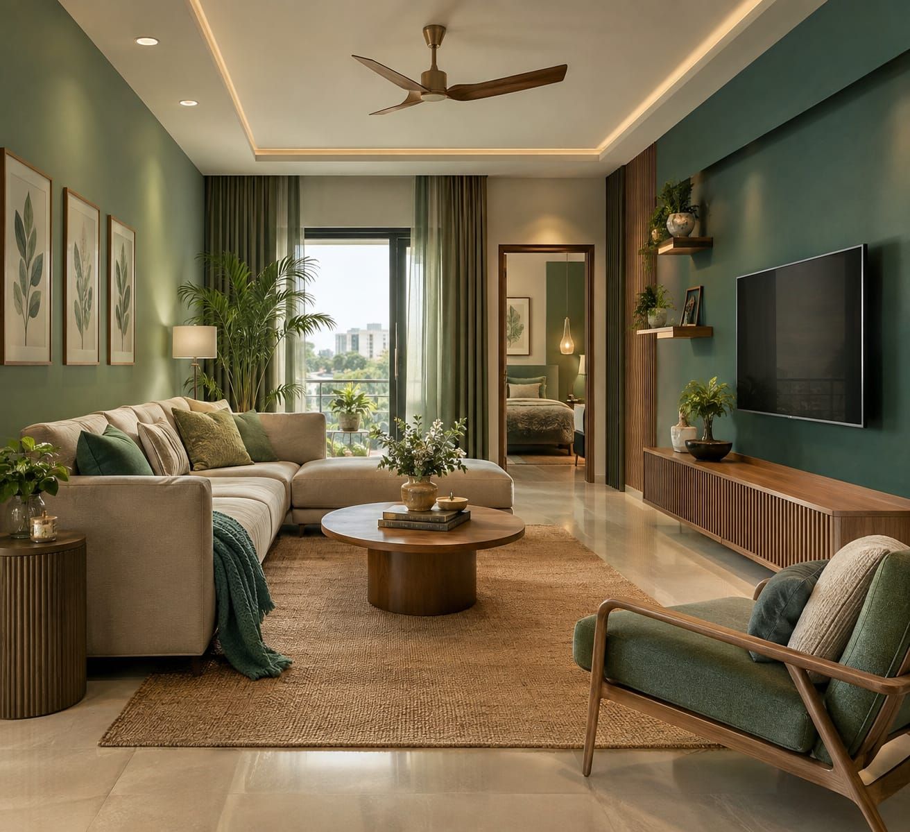 Living room with a deep forest green wall, warm wood and brass lighting