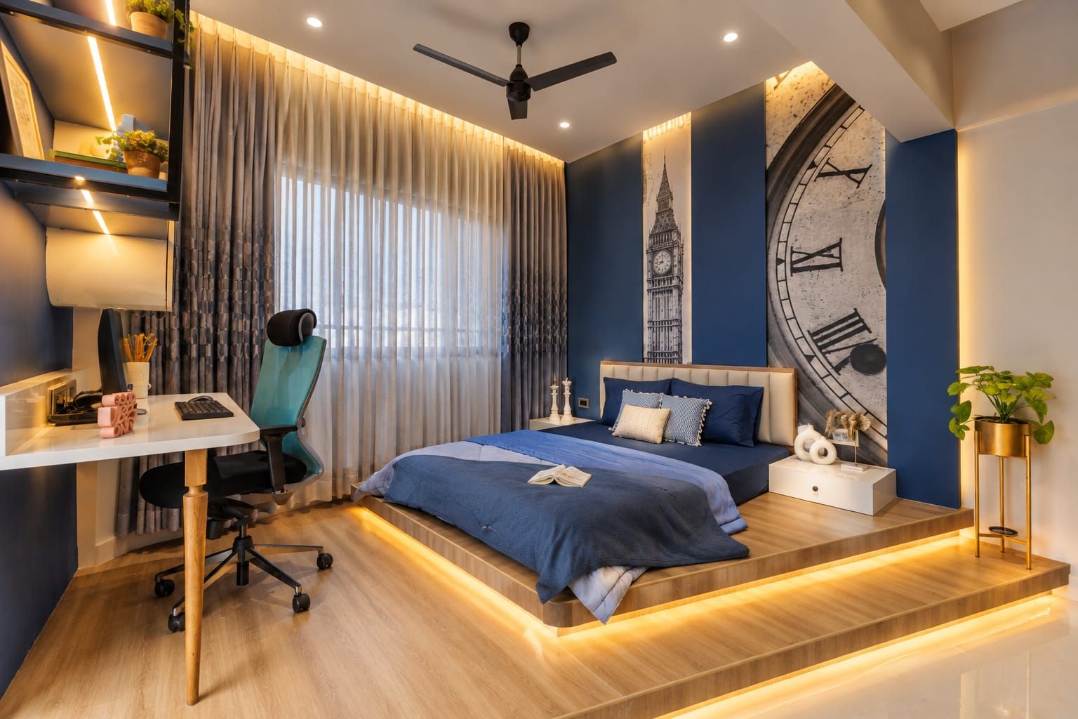 Living room in a warm white and natural wood colour scheme