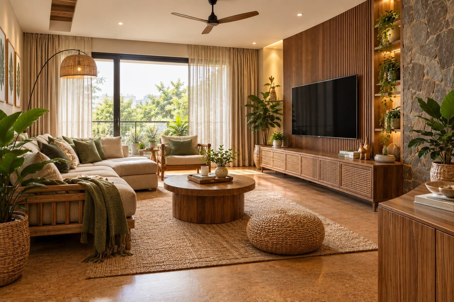 Living space finished in bamboo, linen and natural stone