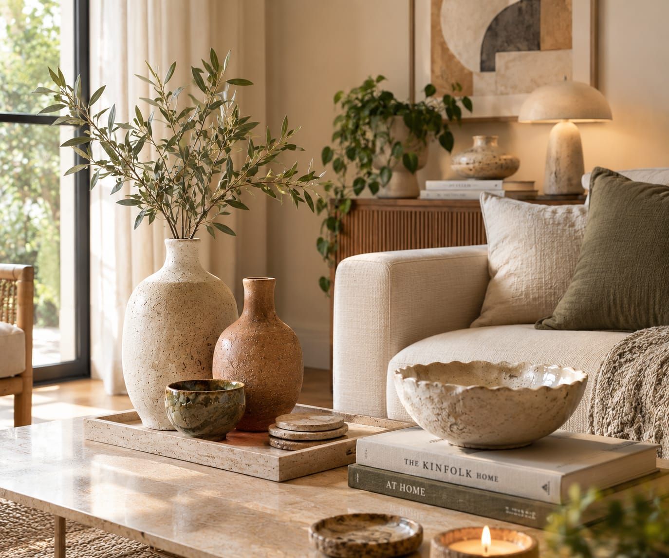 Handmade stoneware vases and bowls on a wooden sideboard