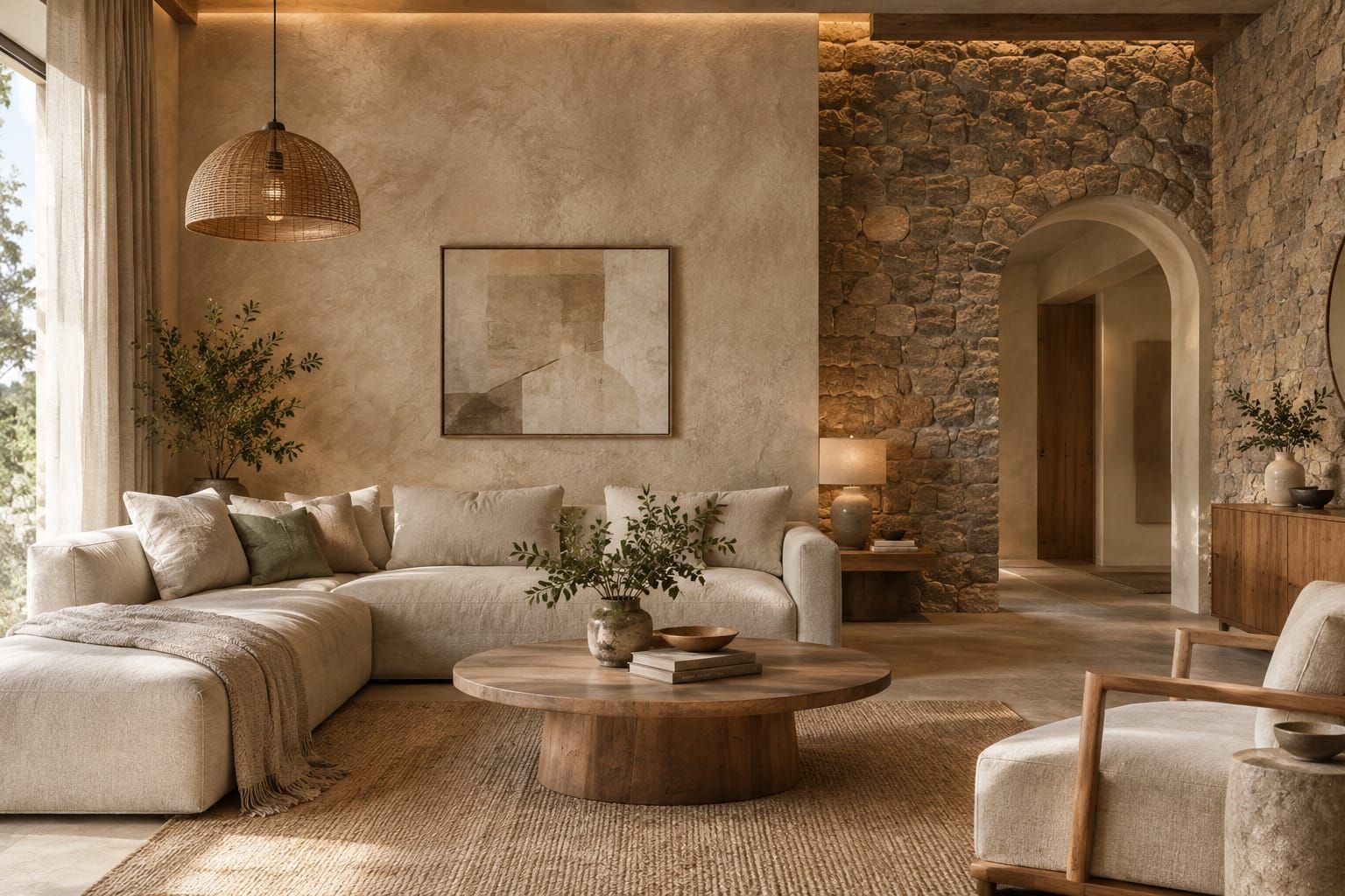 Limewashed living room wall with linen curtains and a stone fireplace