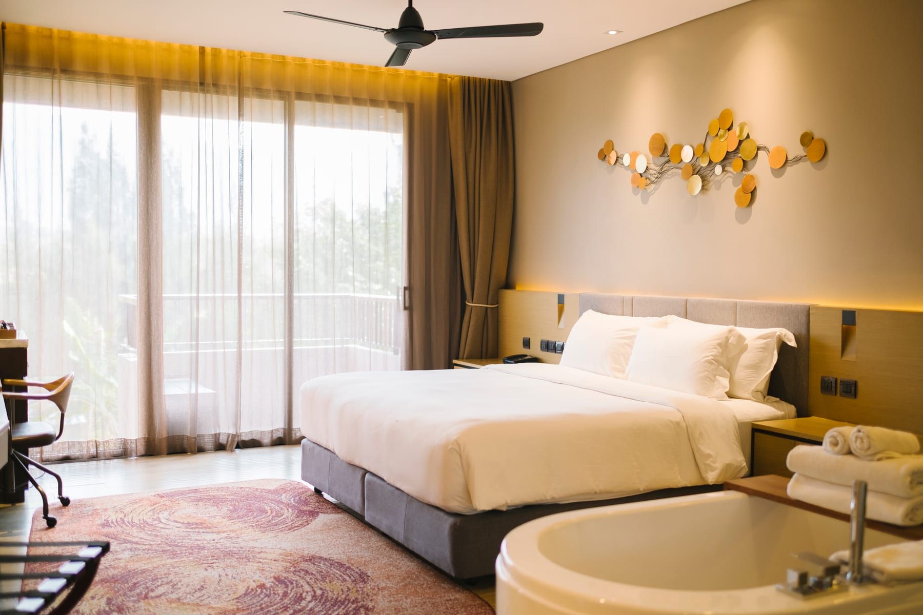 Bedroom with warm, dimmed evening lighting