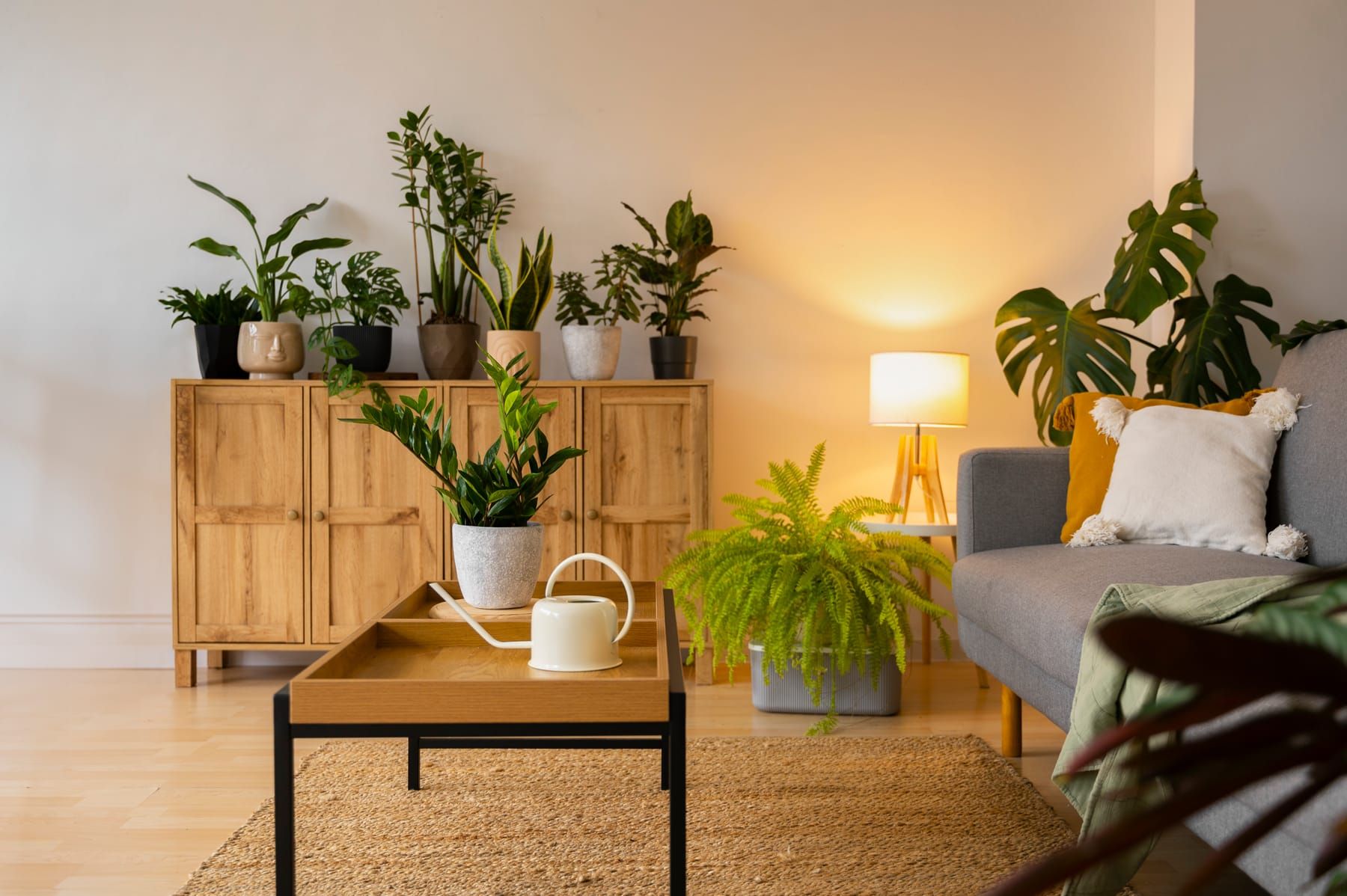 Sunlit room with a dense living wall of indoor plants