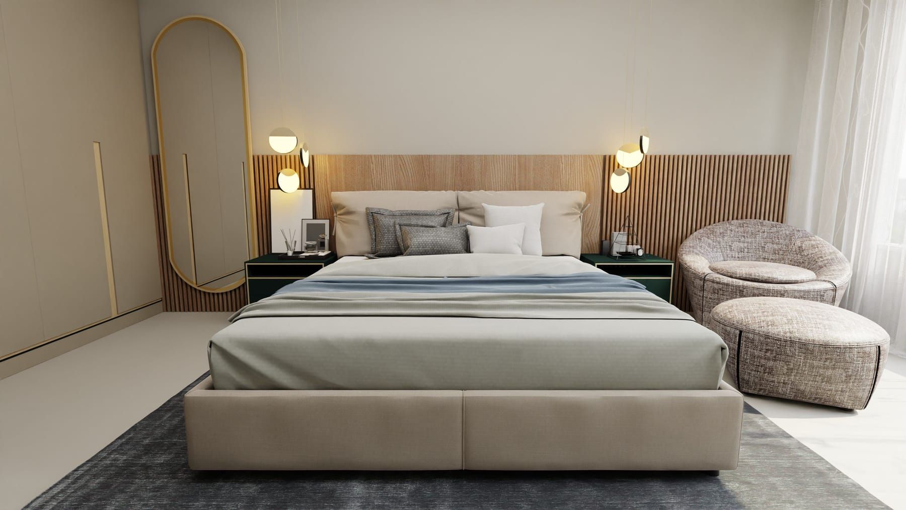 Bed, headboard, wardrobe and lighting elements of a cozy master bedroom