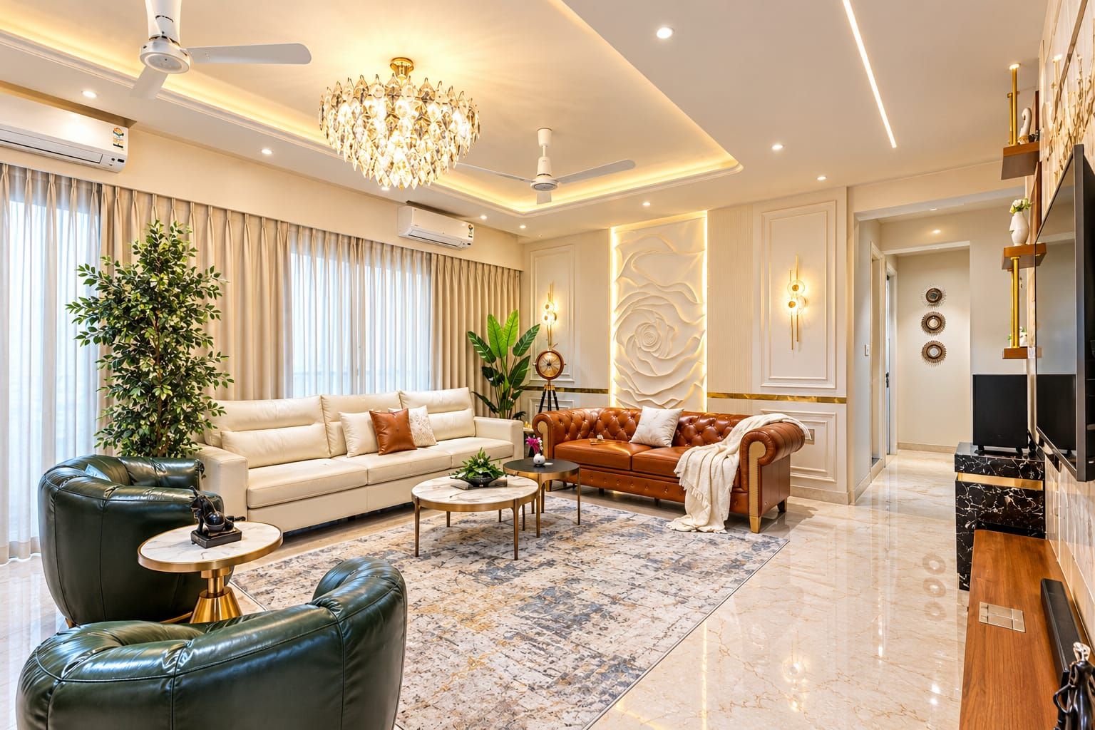Living room with recessed ceiling lights and a dimmable pendant