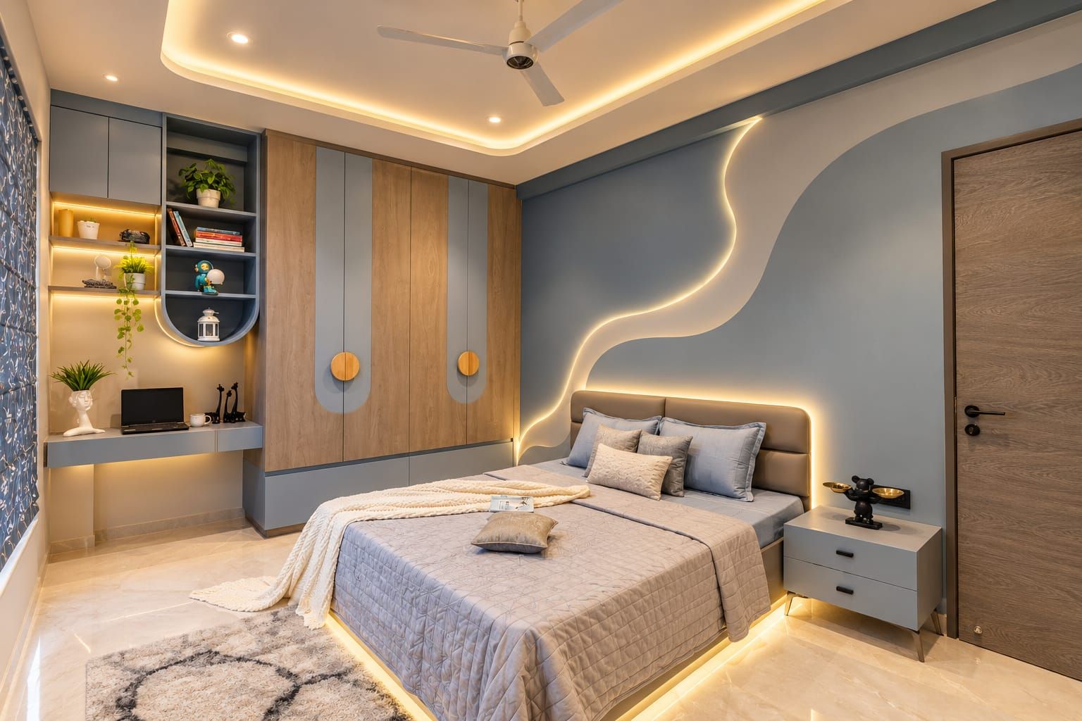 Bedroom painted sage green with cream bedding and brass accents