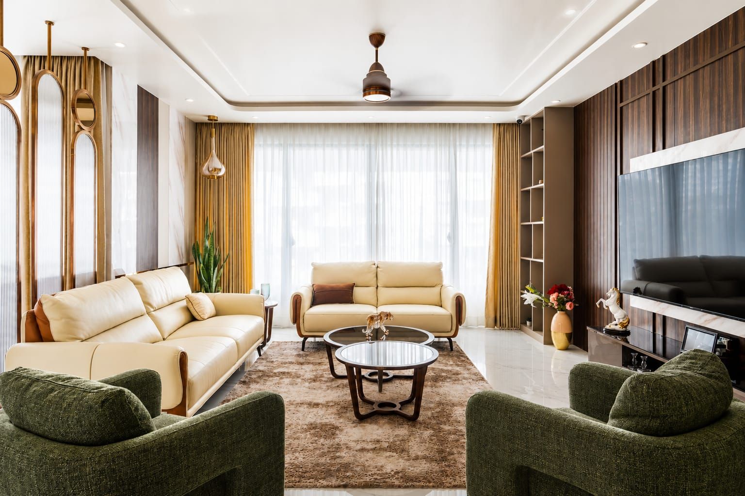 Eclectic living room with neutral walls, a contemporary sofa and an antique side table