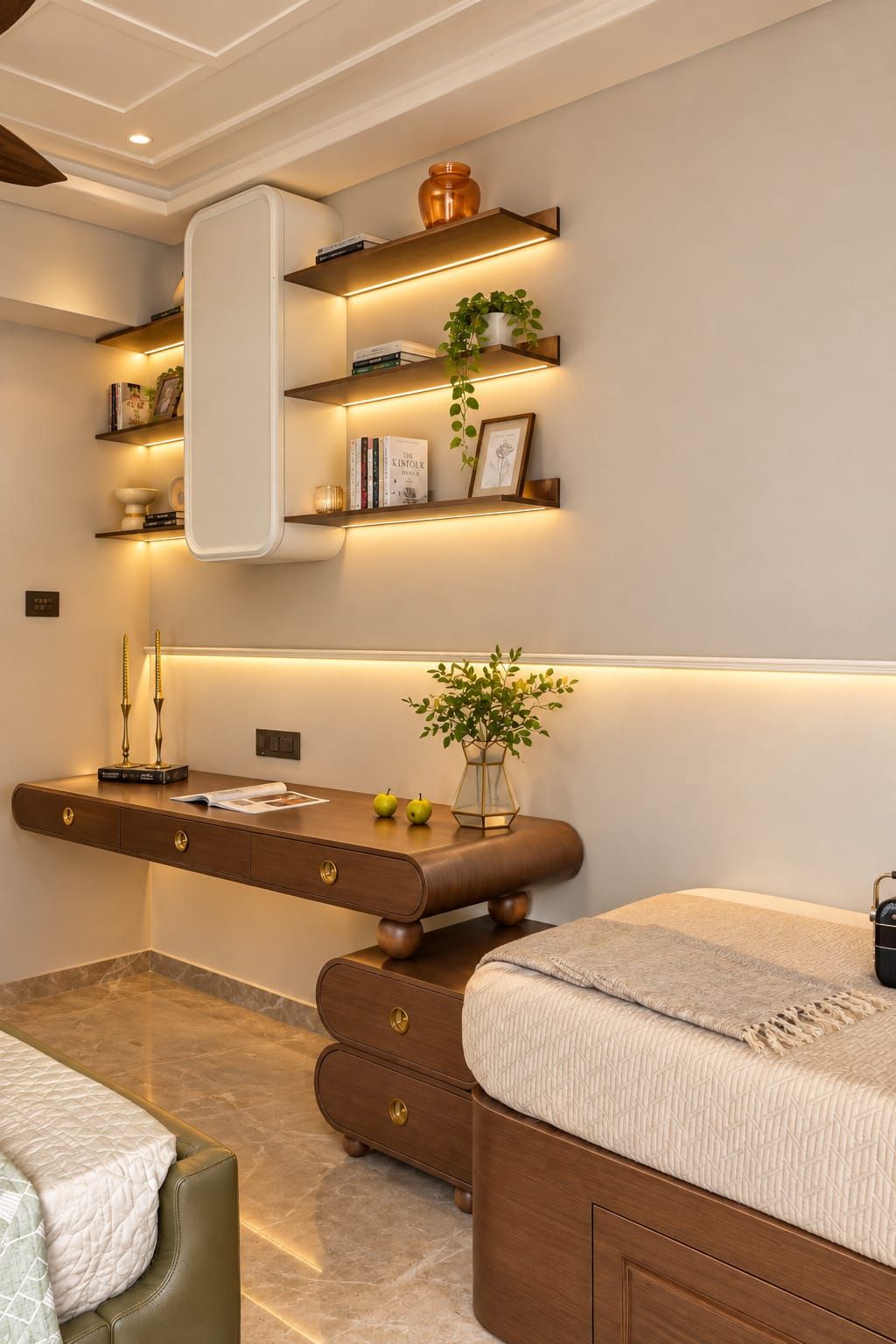 Minimal floating shelves with a few well-spaced decorative objects