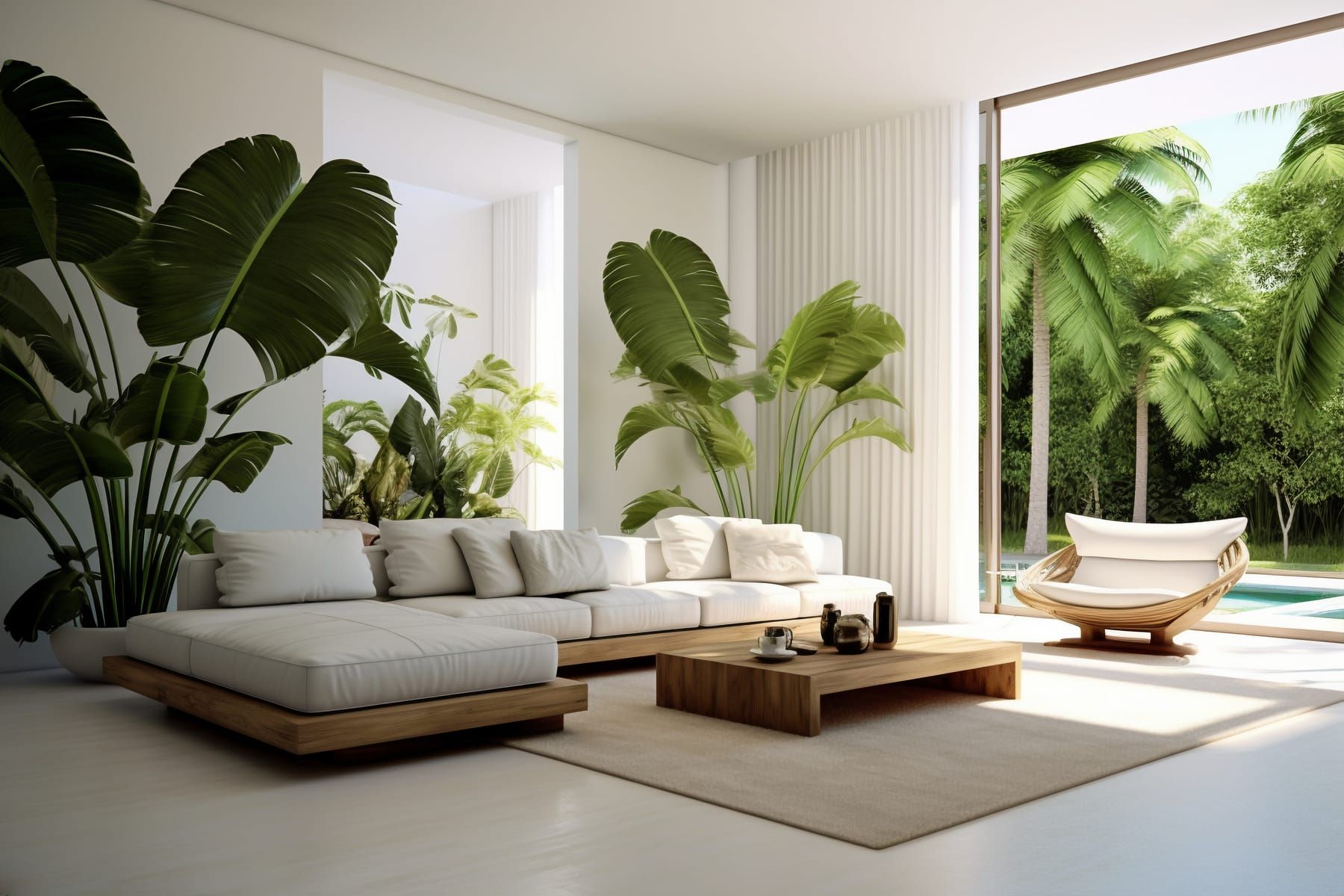 Living room with a living wall, wooden furniture and neutral fabrics