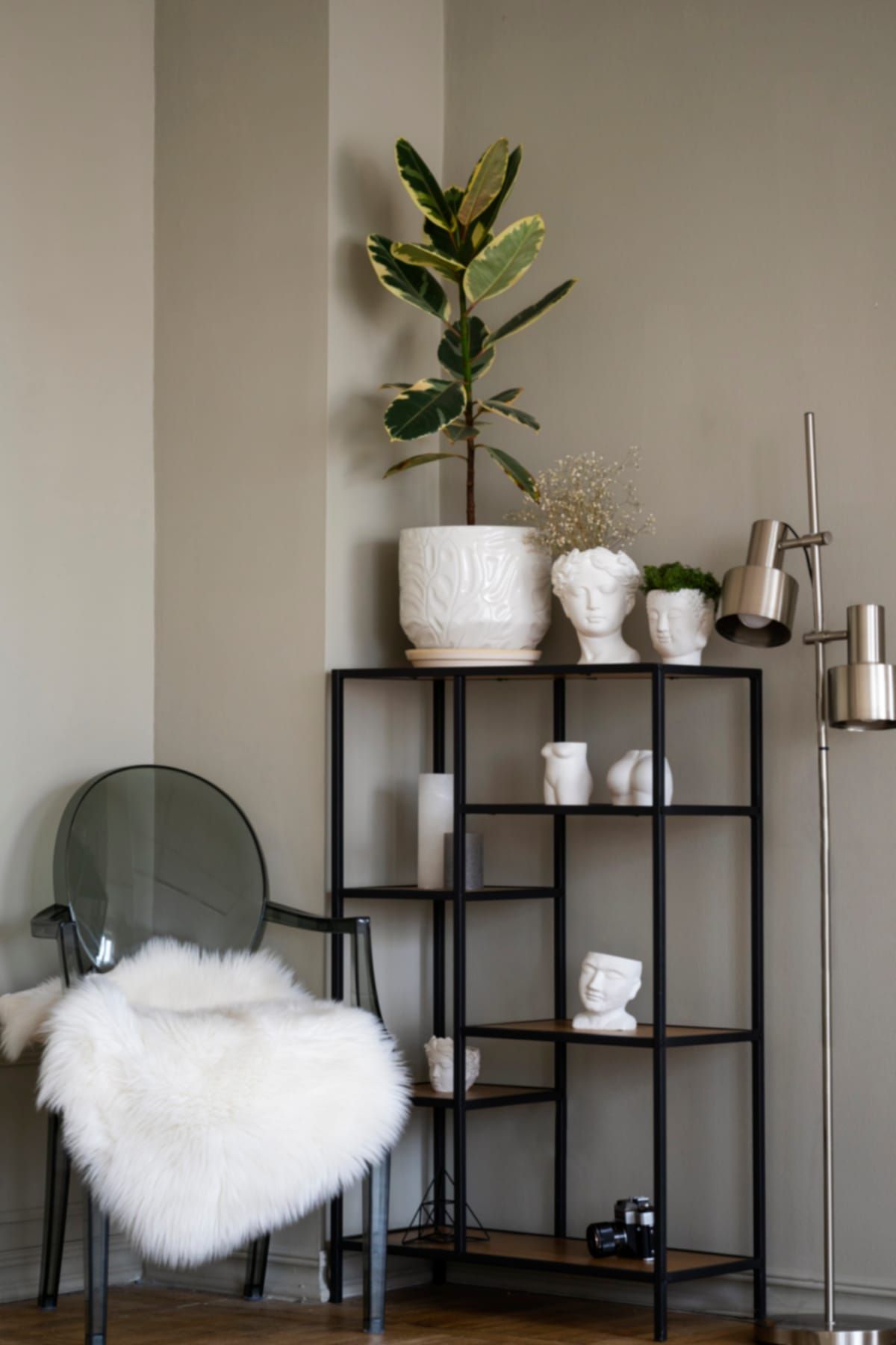 Potted plants in hand-glazed ceramic planters on a metal shelf