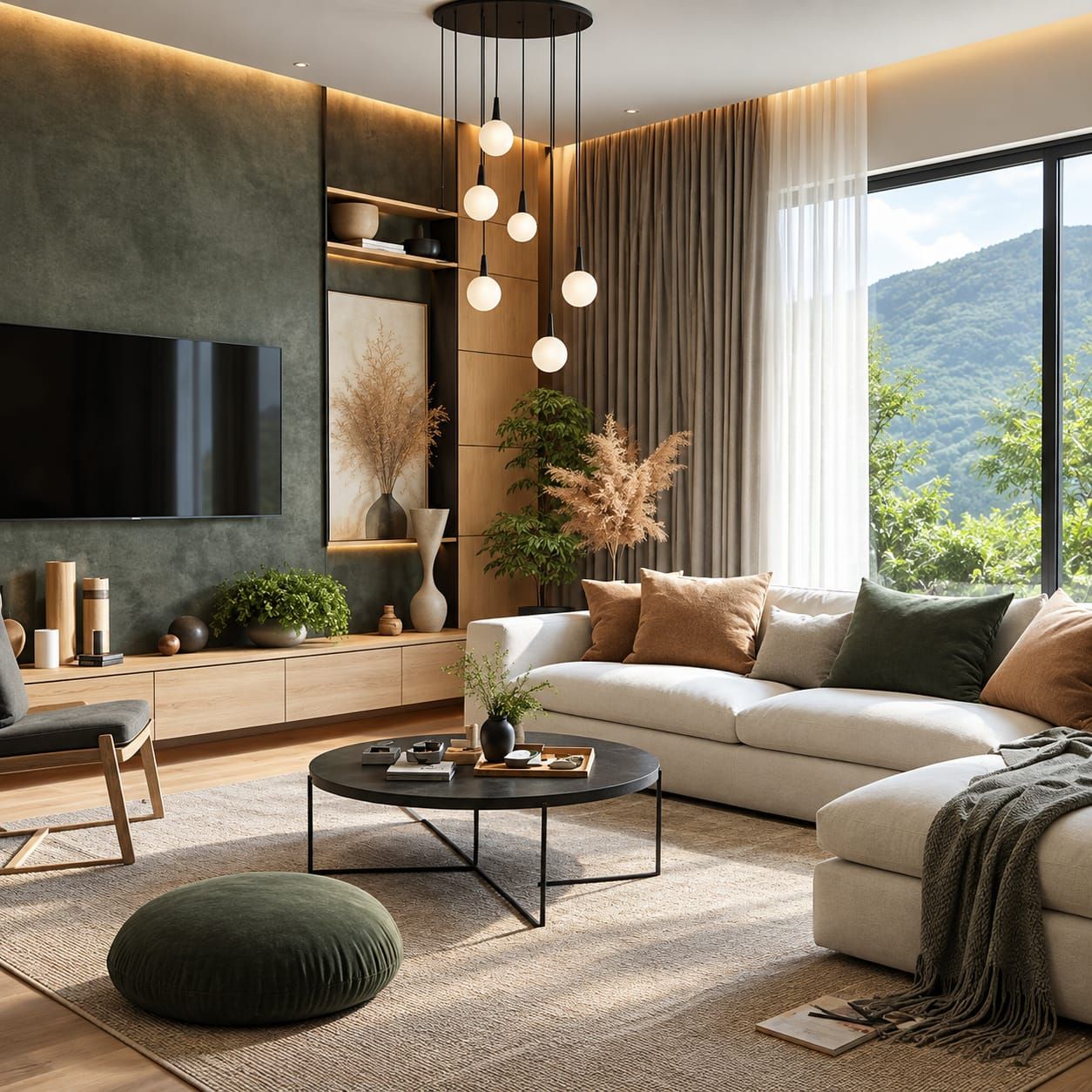 Bedroom with a forest green feature wall and neutral bedding
