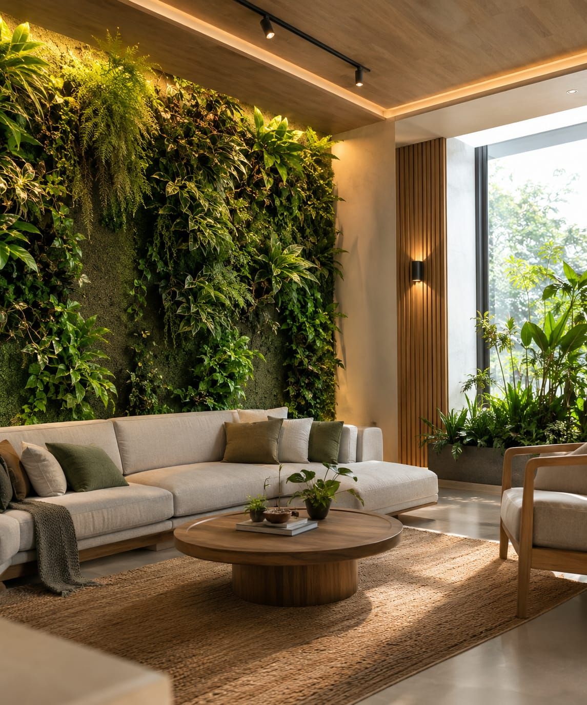Console and floor plants echoing a living wall