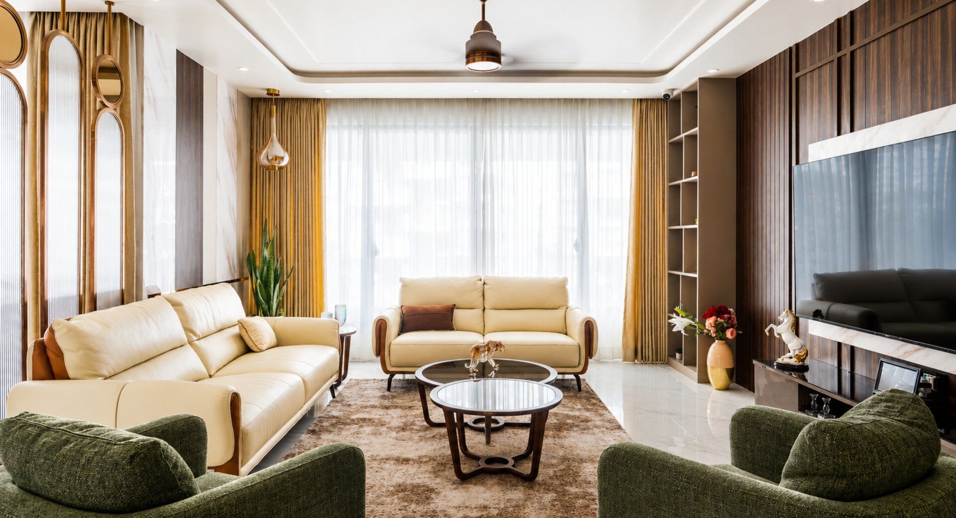 Warm, sunlit reading corner with a linen armchair, brass floor lamp and layered textures